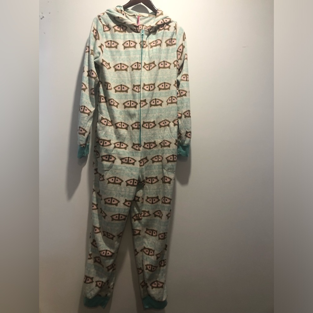 Adult Mint Green Fleece One-Piece with Fox Pattern